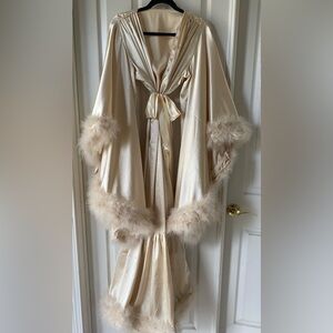 Elegant Cream Satin Robe with Fur Trim